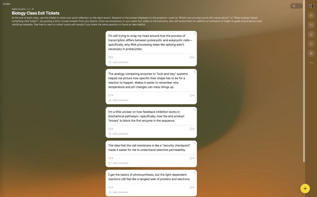 Padlet in Stream format showing a chronological list of student exit ticket responses.
